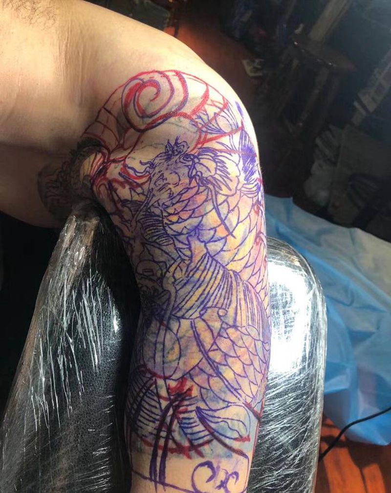鲤鱼遮盖 未完成纹身图片_手臂腿部新传统老传统纹身图案