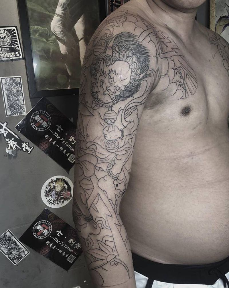 风神雷神七分袖纹身图片_肩部手臂老传统新传统纹身图案