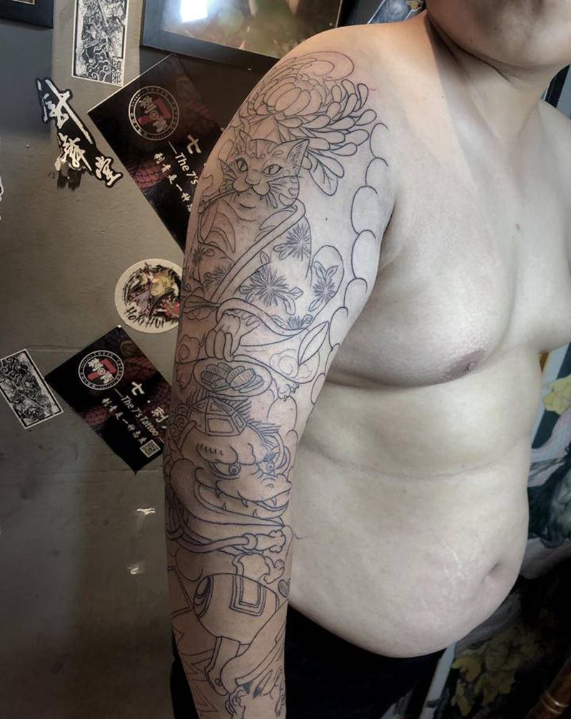 日式拼接花臂 线条纹身图片_手臂手部新传统老传统纹身图案