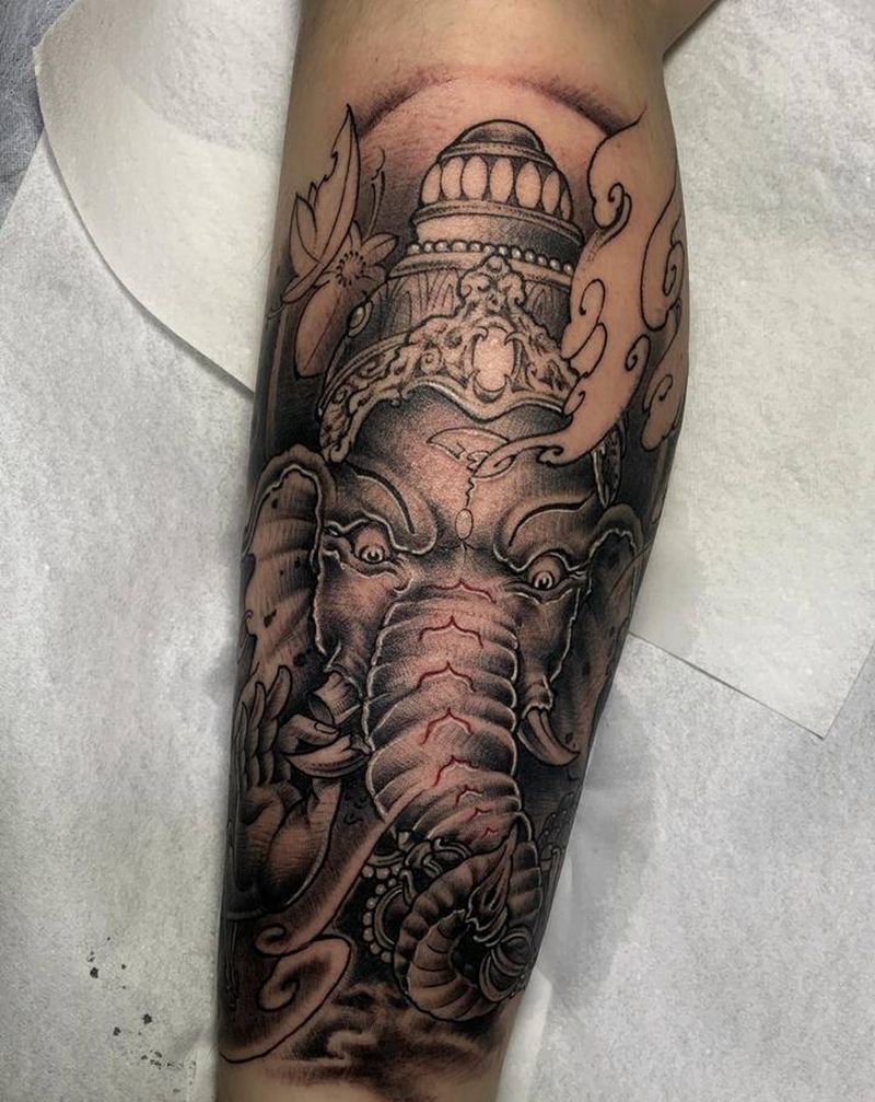 象财神纹身图片_腿部新传统纹身图案