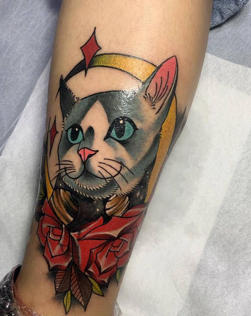 暴力遮盖school猫纹身图片_腿部New School纹身图案