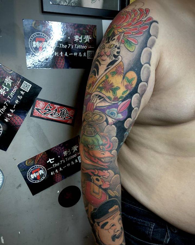 日式拼接花臂纹身图片_手臂腿部老传统新传统纹身图案