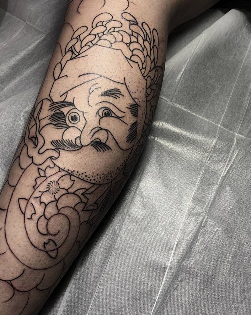 老传统包小腿 火男 天狗纹身图片_脚部老传统纹身图案