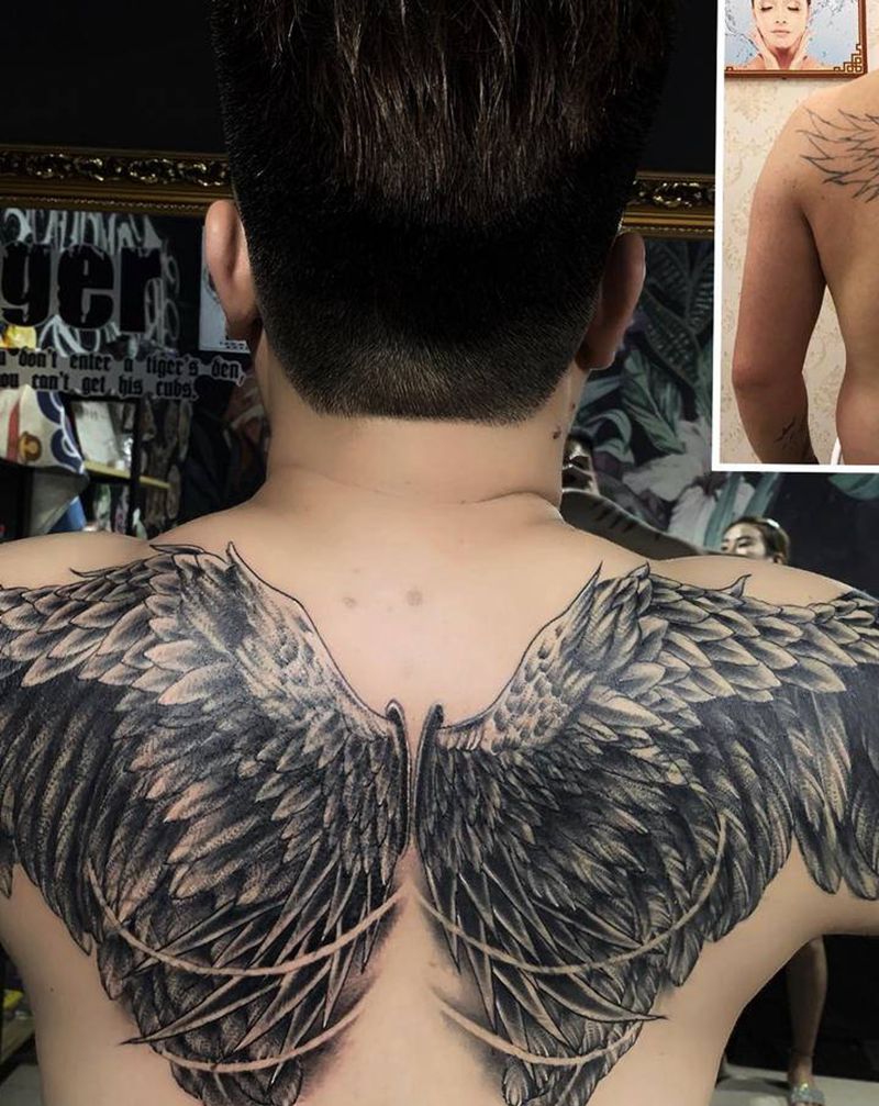暴力遮盖  半背翅膀纹身图片_背部欧美写实纹身图案