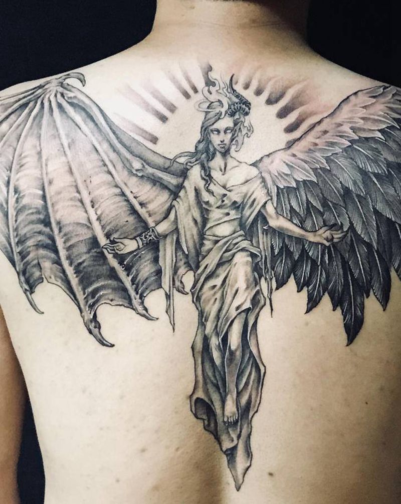 原创设计天使恶魔角纹身纹身图片_背部新传统欧美写实纹身图案