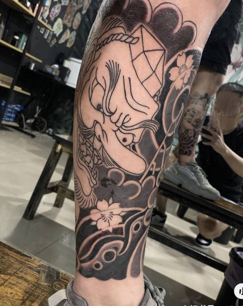 日式老传统包小腿纹身图片_腿部老传统纹身图案