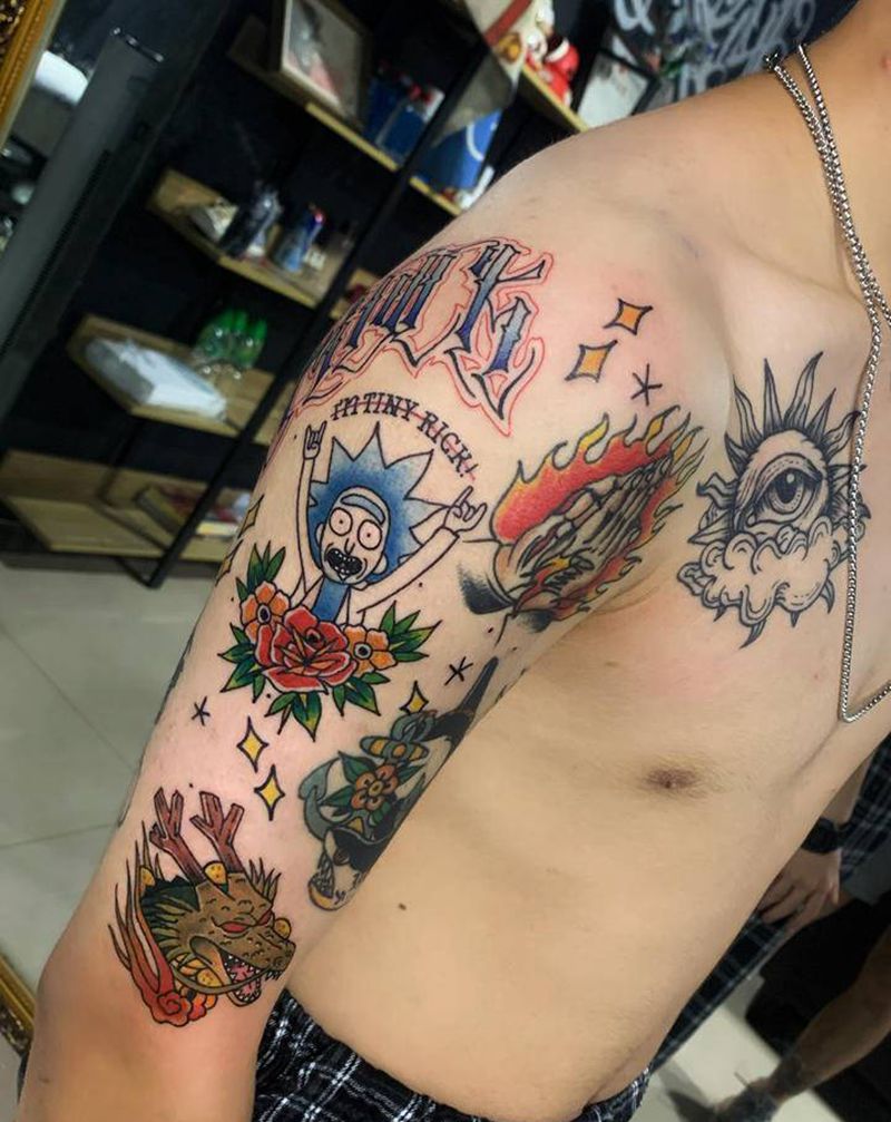 潮男的old school小花纹身图片_手臂Old School纹身图案