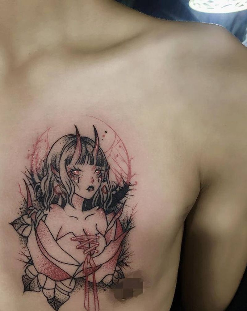 恶魔少女小清新纹身纹身图片_胸部点刺纹身图案