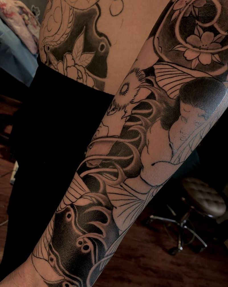 日式传统花臂 未完纹身图片_手臂手部新传统老传统纹身图案