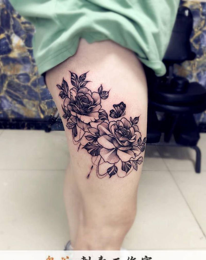素花纹身图片_腿部纹身图案