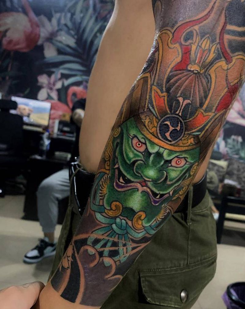 鬼武士纹身图片_手臂老传统纹身图案