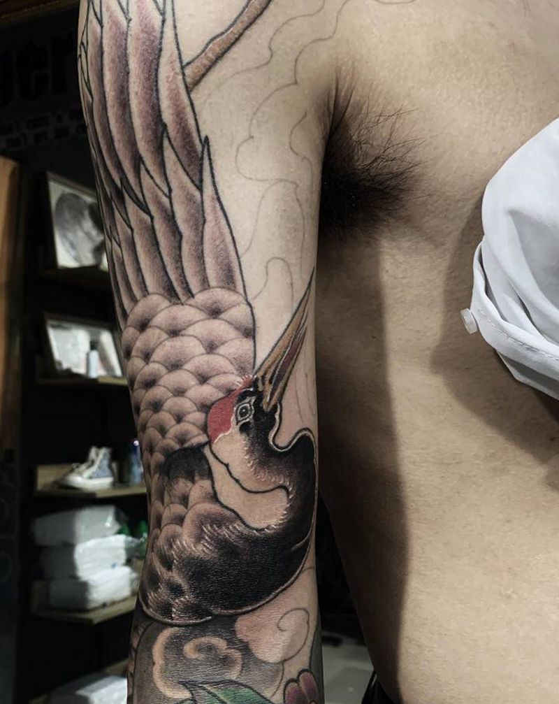 仙鹤花臂纹身图片_手臂新传统纹身图案