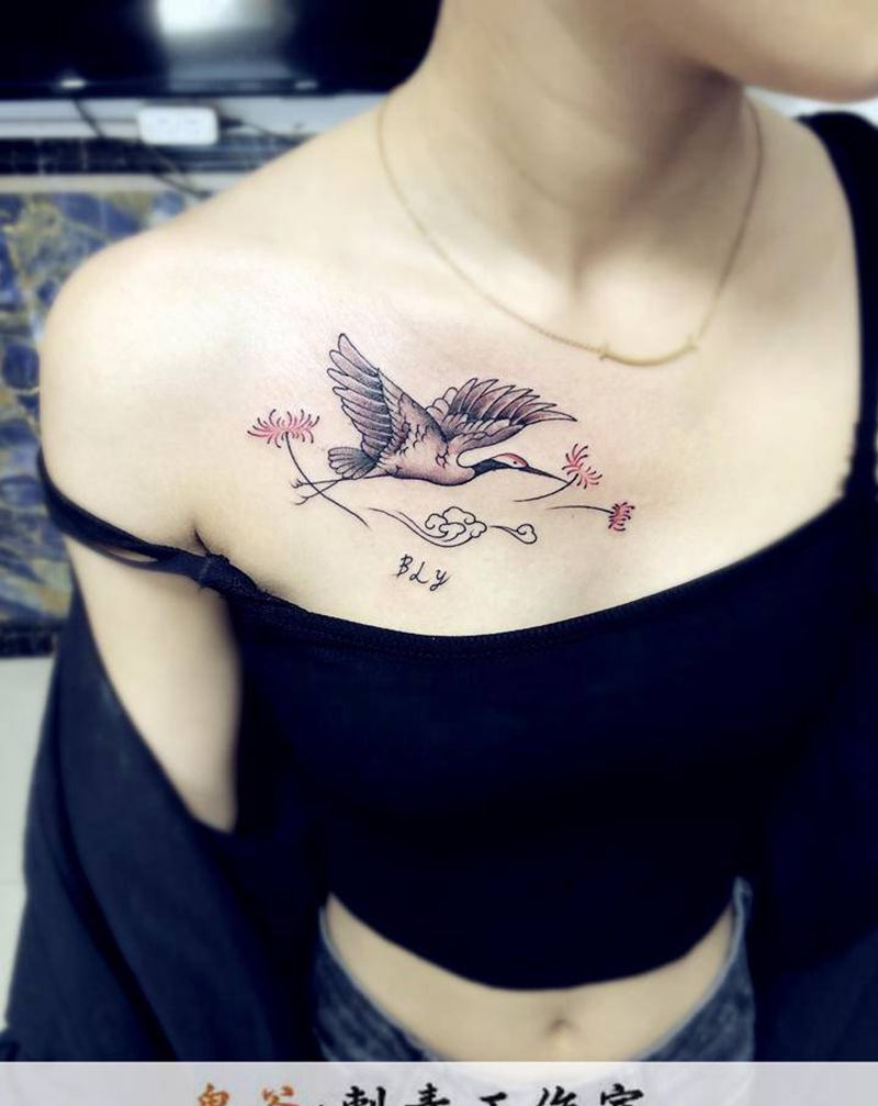 鹤纹身图片_欧美写实纹身图案