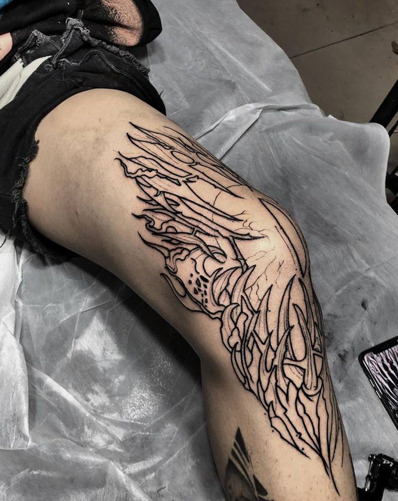 未完成的暗黑大眼睛纹身图片_腿部欧美写实纹身图案