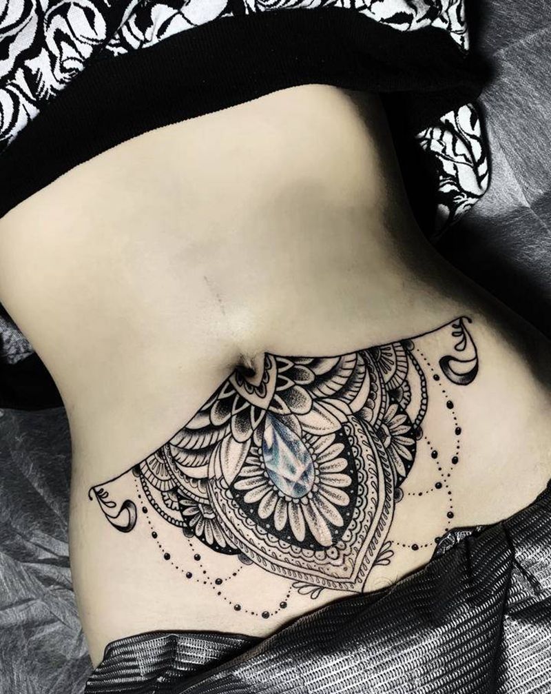 剖腹产疤痕遮盖纹身图片_腹部点刺纹身图案