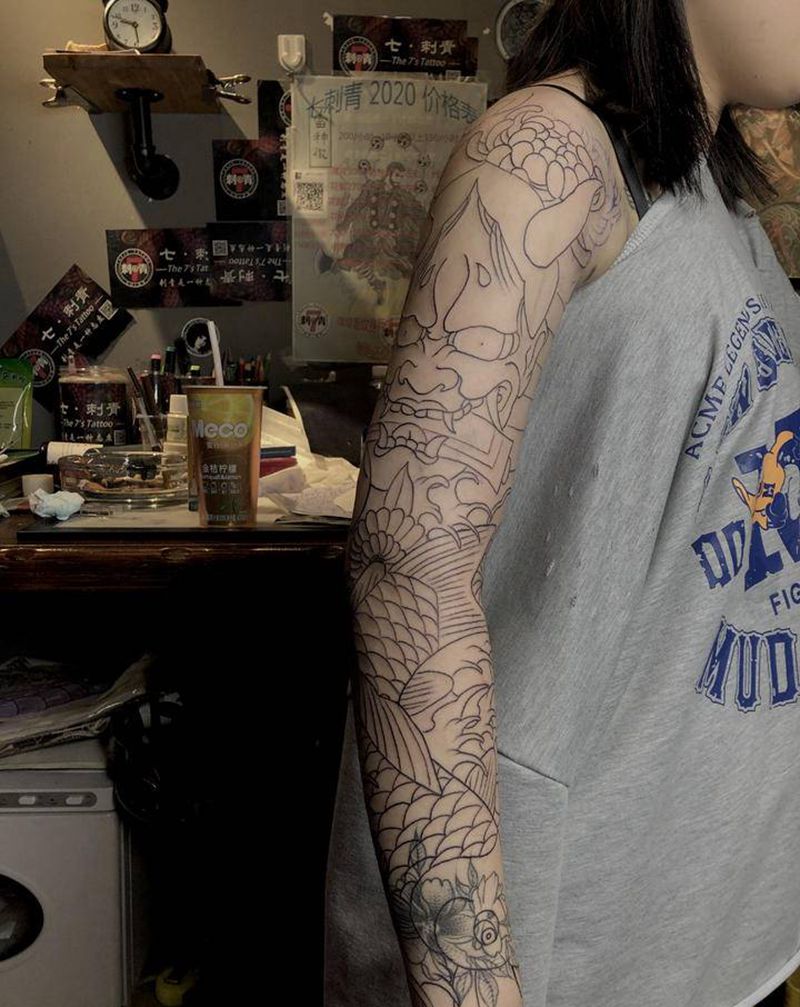 日式花臂线条  （遮盖）纹身图片_手臂老传统新传统纹身图案
