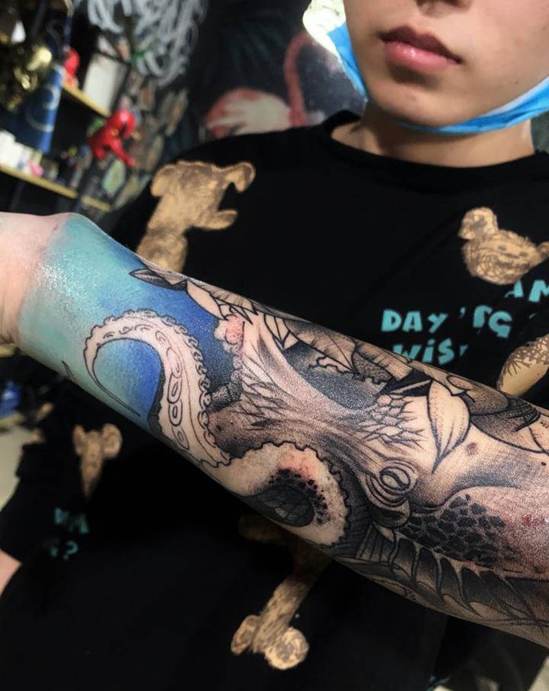 深海主题包小臂纹身图片_手臂点刺New School纹身图案