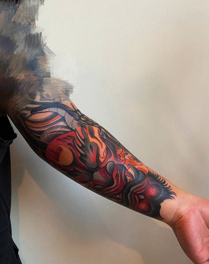 火焰恶魔纹身图片_手臂New School纹身图案