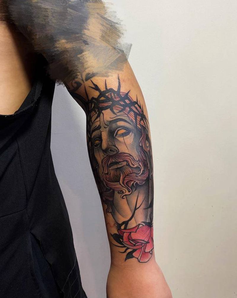 Old school耶稣纹身图片_手臂Old School纹身图案