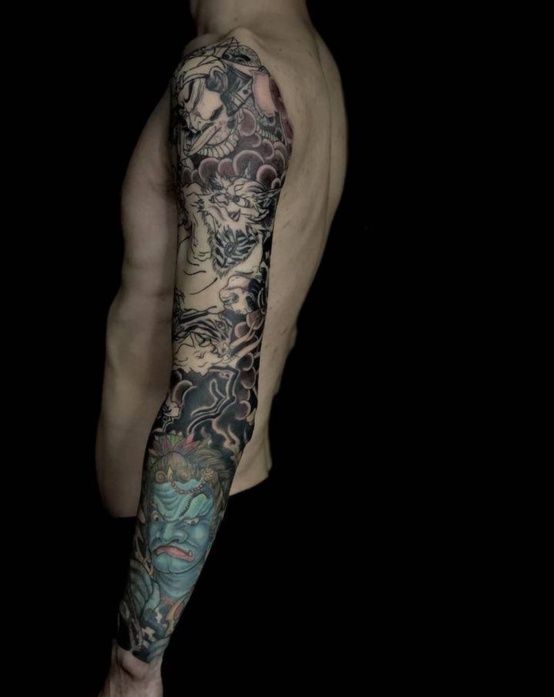 接花臂 未完。纹身图片_手臂新传统老传统雷神明王纹身图案