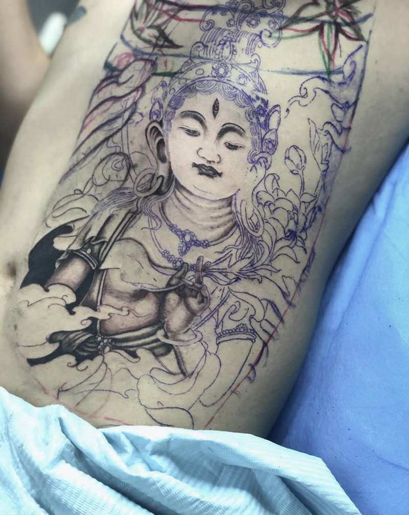 接开衫 未完。纹身图片_腹部新传统菩萨纹身图案