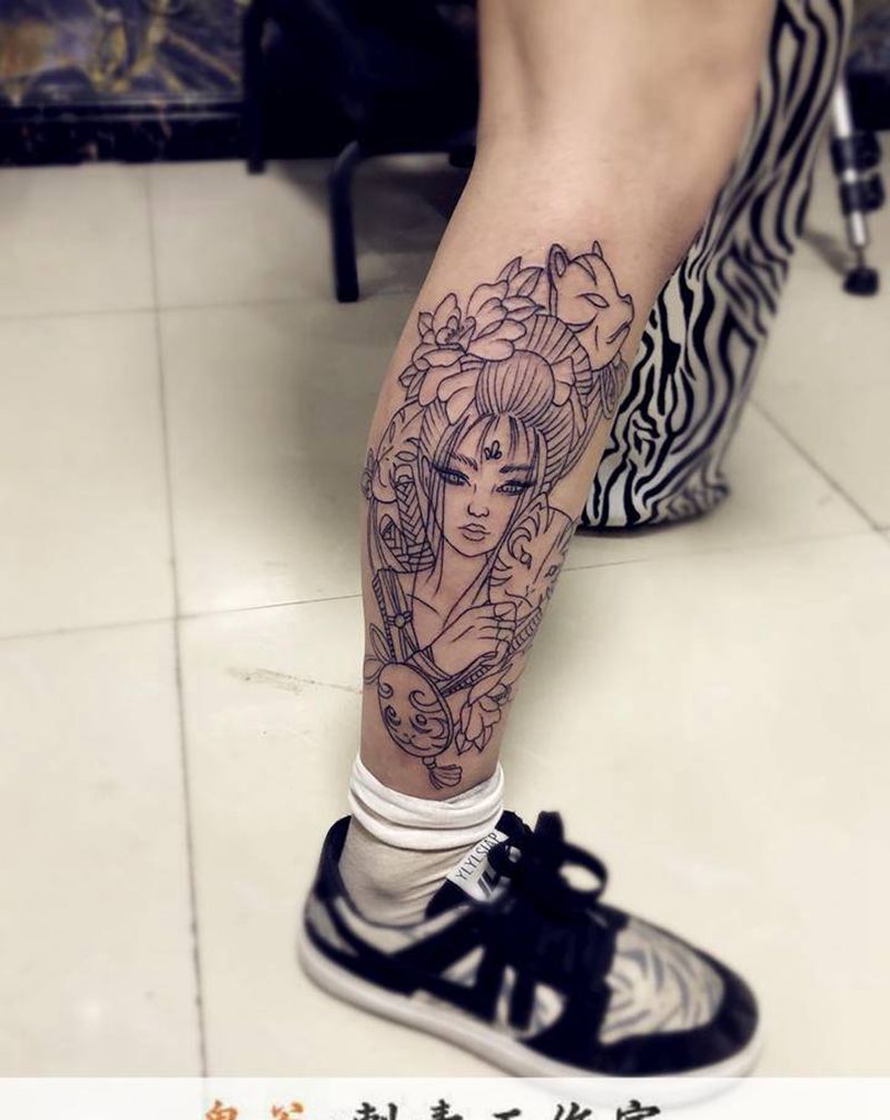 艺妓线条纹身图片_新传统纹身图案