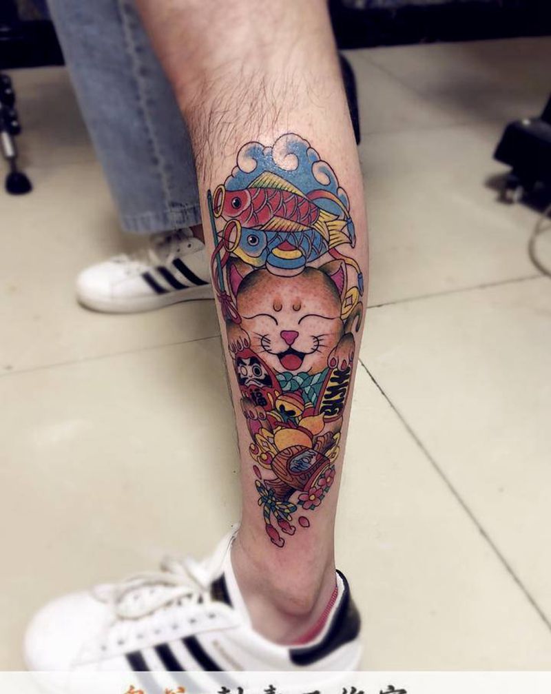 招财猫纹身图片_新传统纹身图案