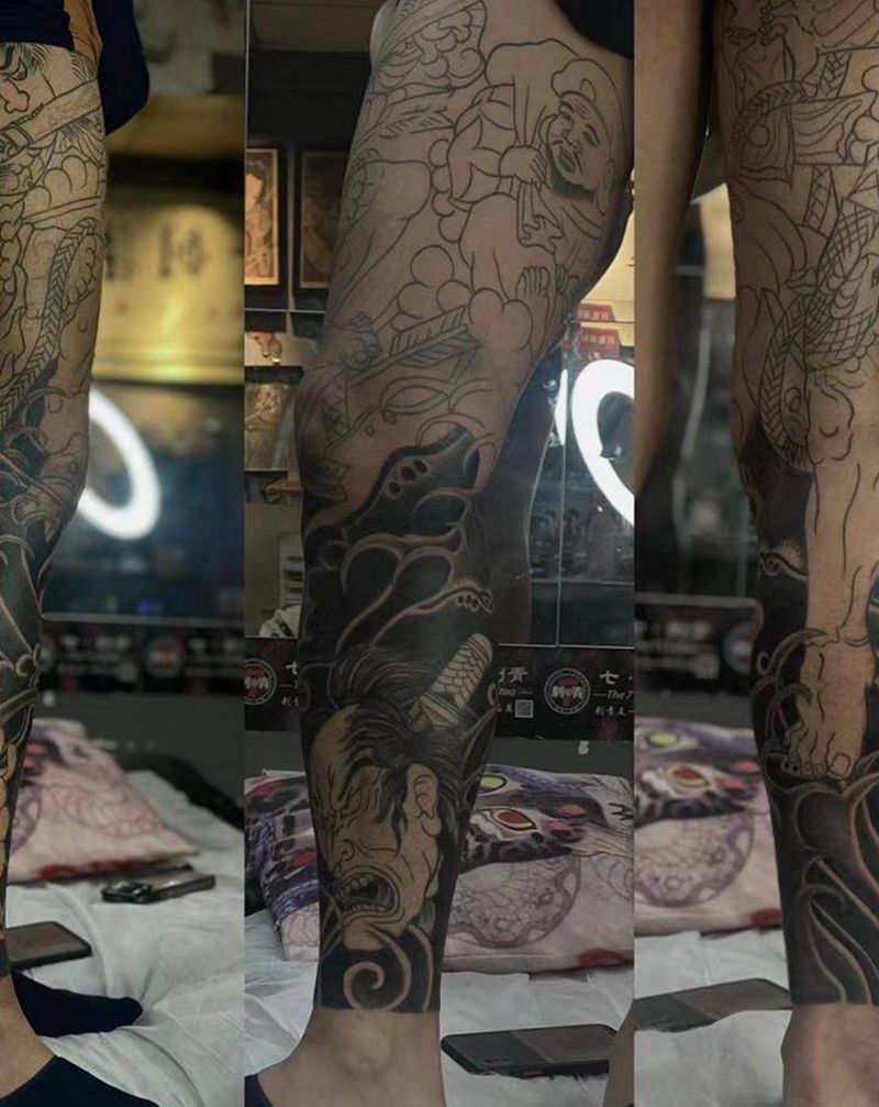 花腿上色纹身图片_腿部脚部新传统老传统纹身图案