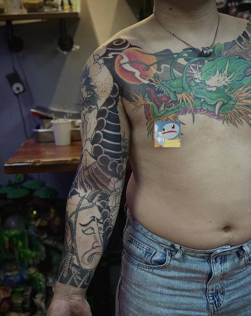 传统花臂 未完纹身图片_手臂新传统老传统生首风神纹身图案