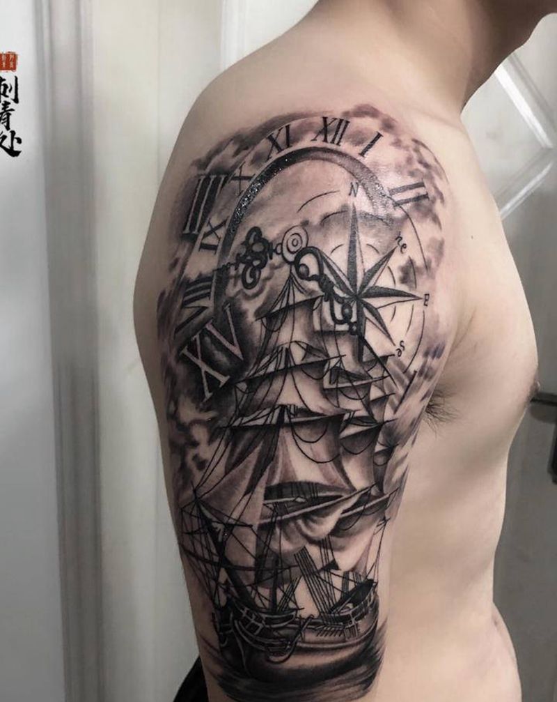帆船纹身图片_手臂欧美写实纹身图案
