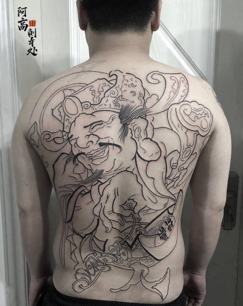 财神满背纹身图片_背部新传统纹身图案