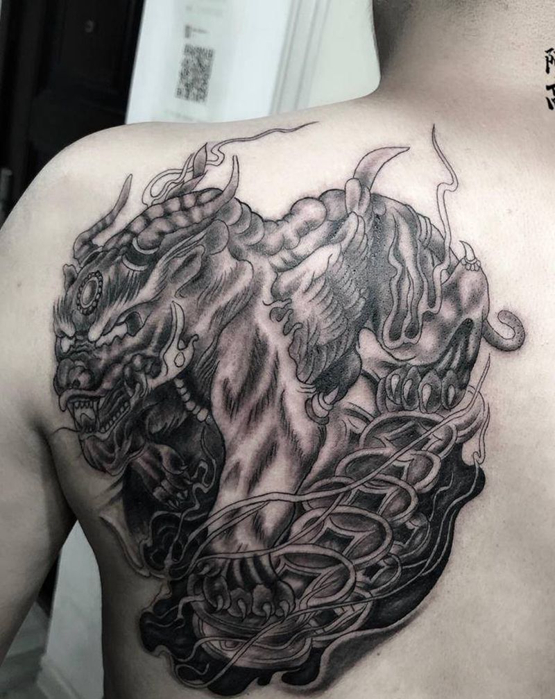 貔貅纹身图片_背部新传统纹身图案