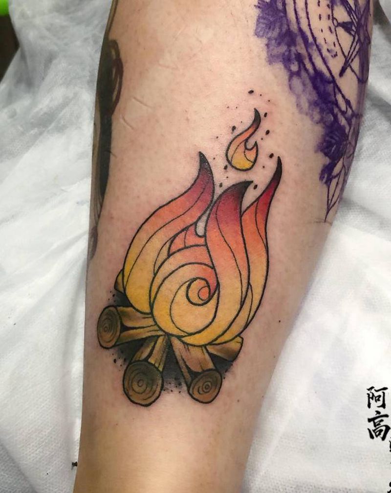 old school火堆纹身图片_腿部Old School纹身图案