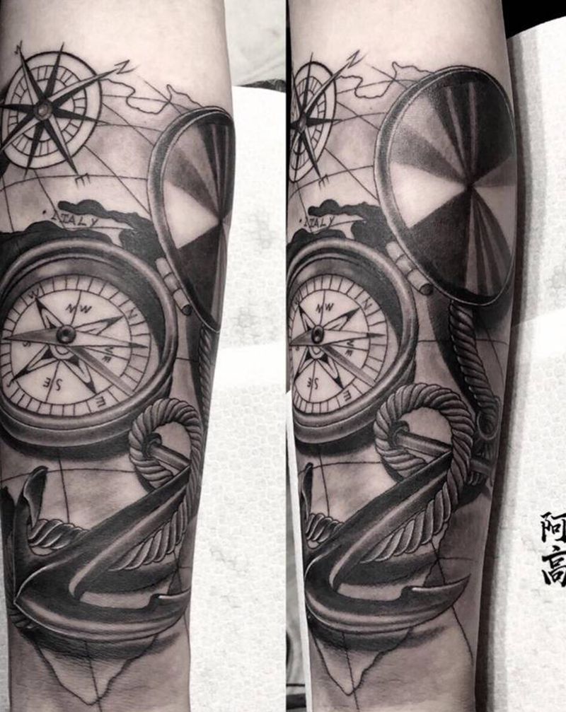 指南针纹身图片_手臂欧美写实纹身图案
