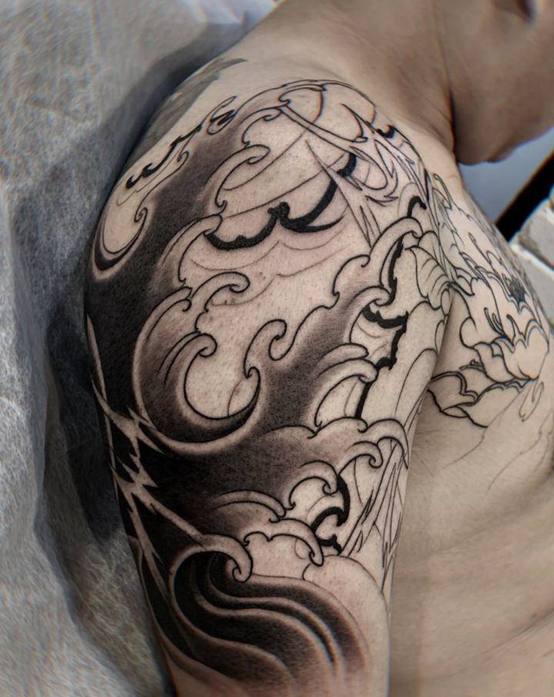 浪花 未完纹身图片_手臂新传统浪花纹身图案