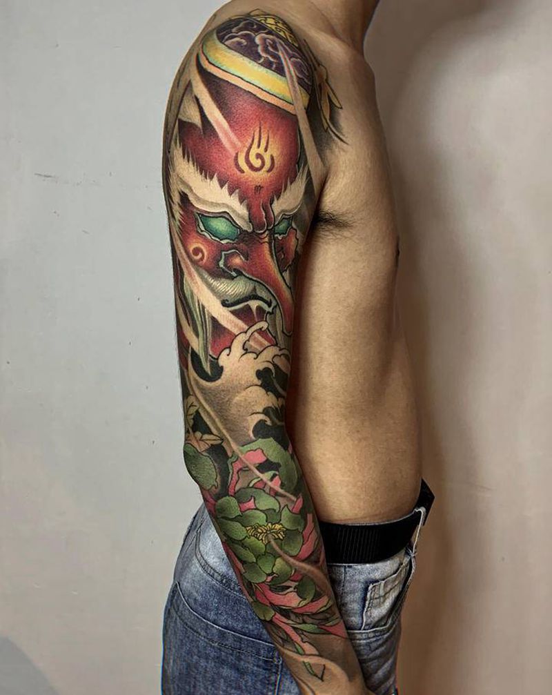 天狗  菊花纹身图片_手臂新传统天狗菊花菊花花臂纹身图案