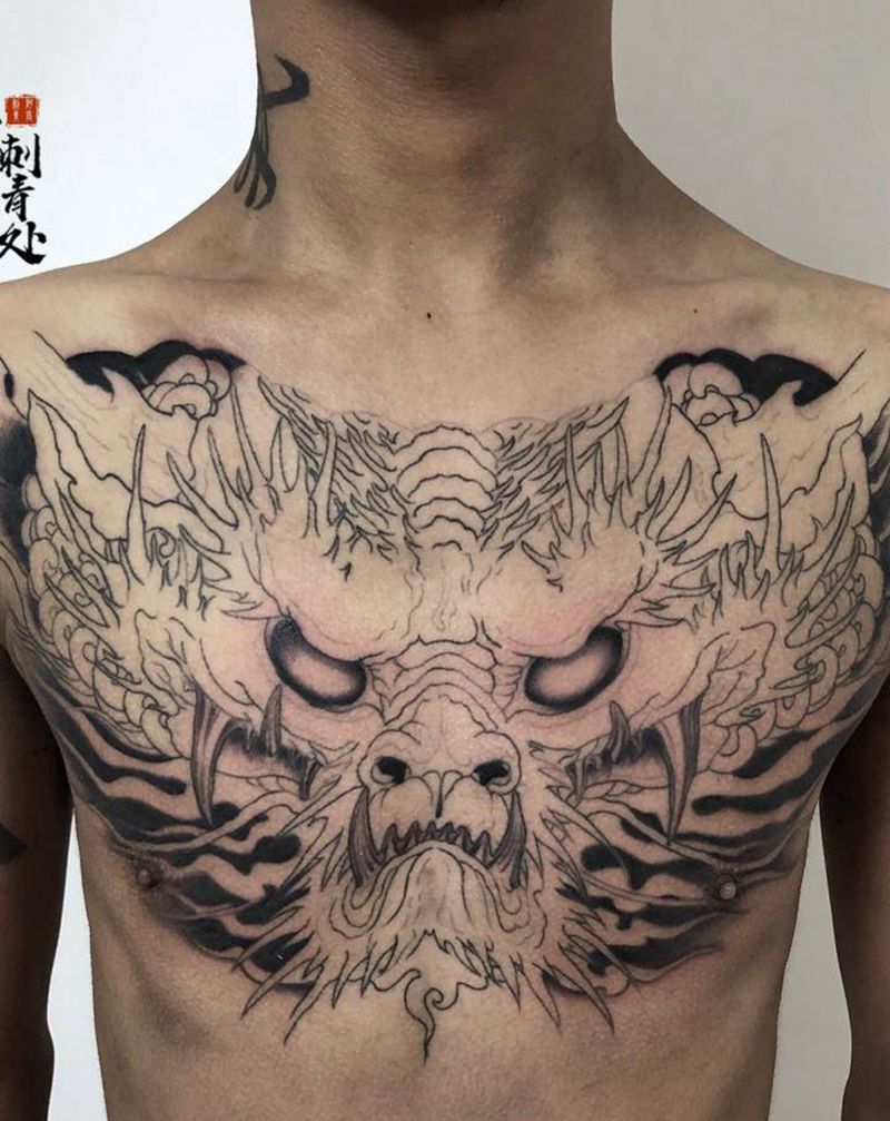青龙花胸,待续纹身图片_胸部新传统纹身图案