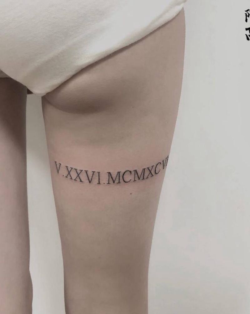 罗马数字纹身图片_腿部花体字纹身图案