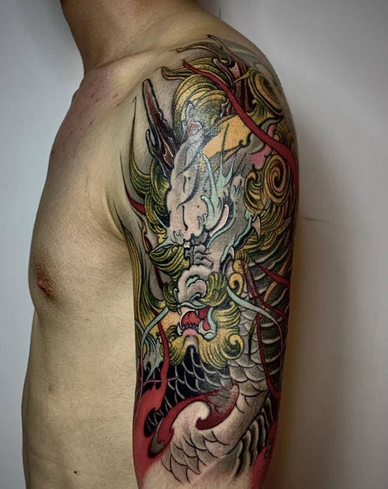 麒麟 高清图纹身图片_手臂新传统麒麟纹身图案