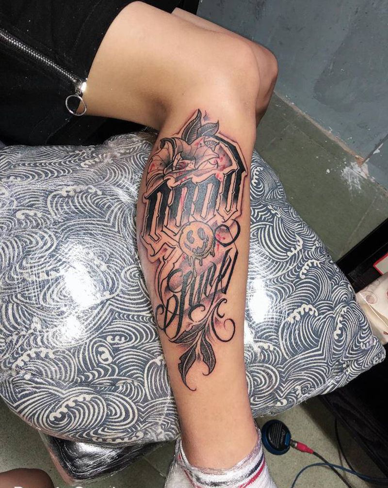 纹铭刺青纹身图片_腿部花体字花体英文纹身图案