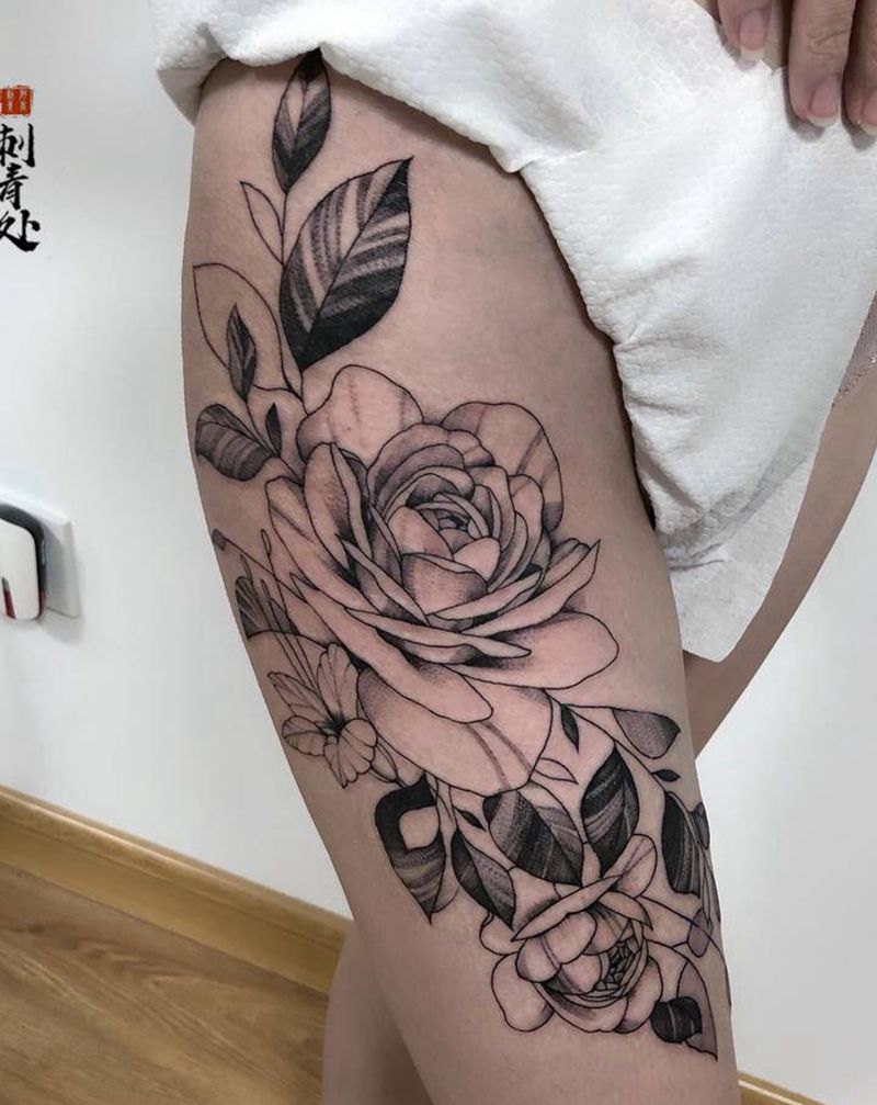 素花纹身图片_腿部腰部点刺纹身图案