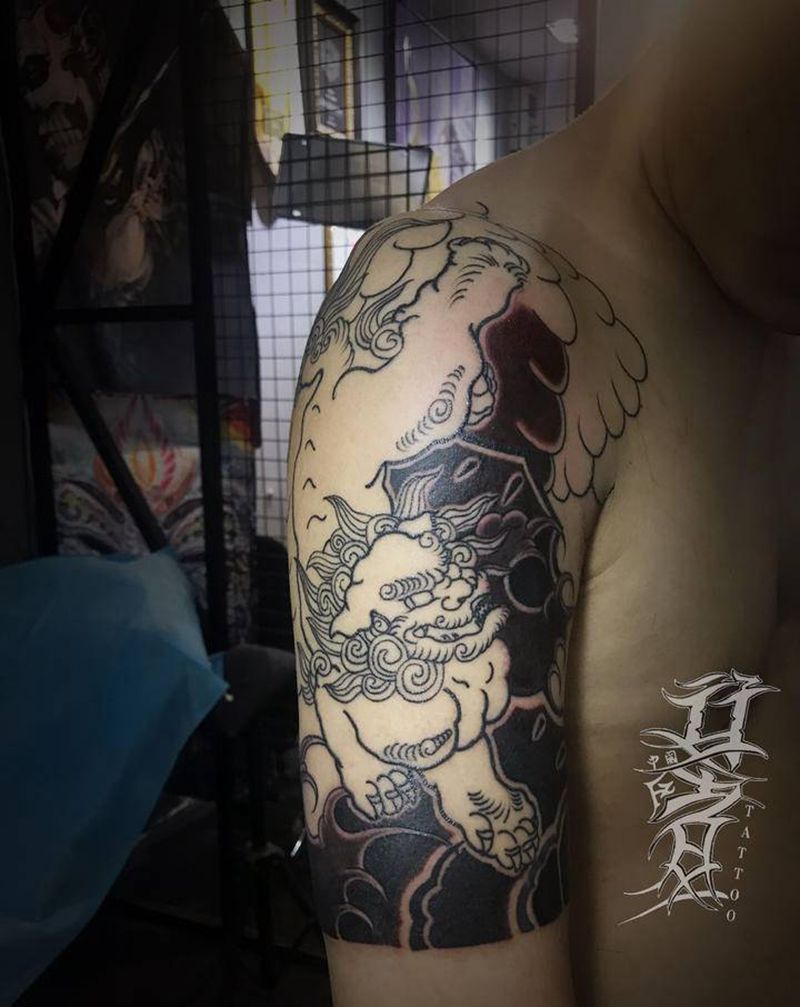 日式唐狮子纹身图片_手臂老传统唐狮子日式纹身图案