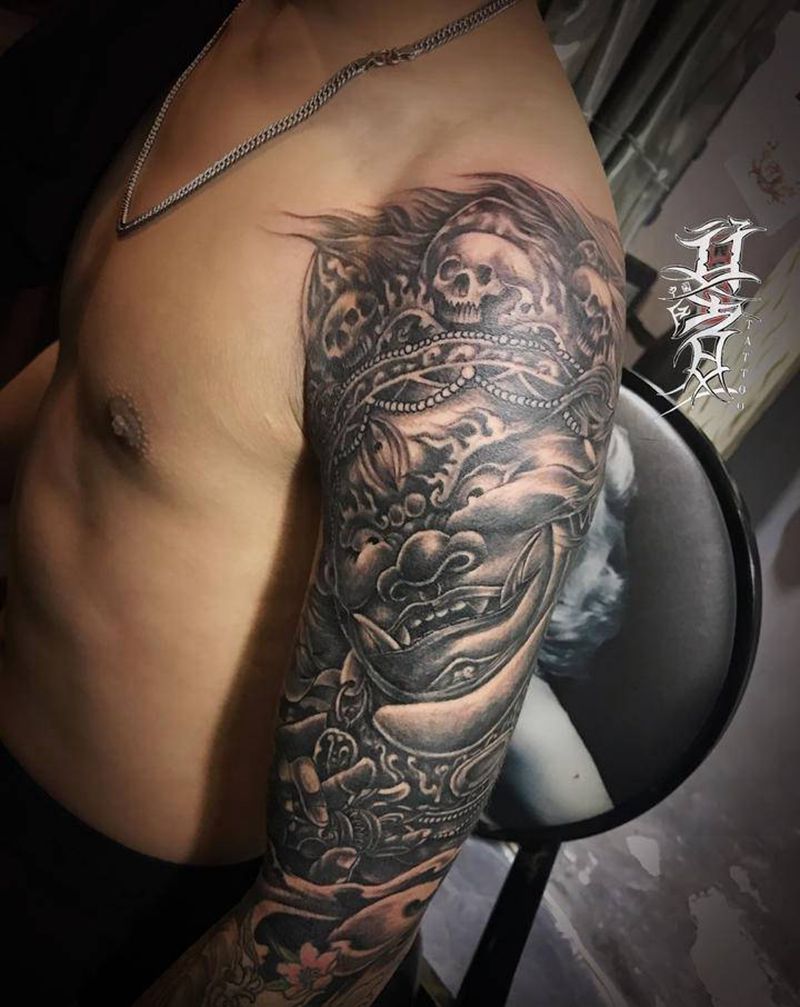 大黑天纹身图片_手臂新传统花臂大黑天纹身图案