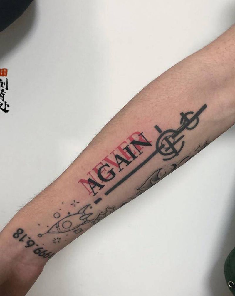 Never again纹身图片_手臂花体字纹身图案