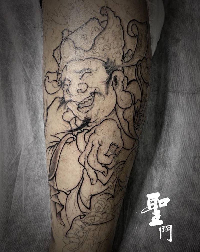 财神爷初步线条纹身图片_腿部纹身图案