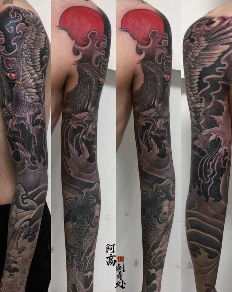 传统黑灰花臂纹身图片_手臂老传统纹身图案