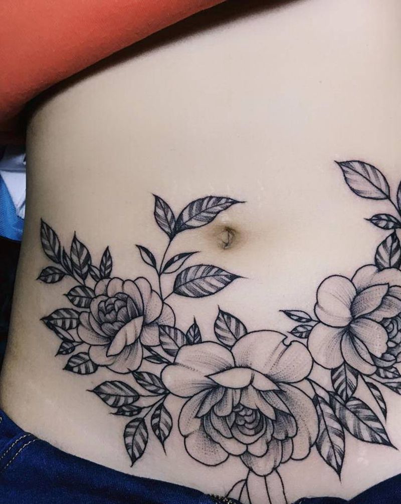 素花纹身图片_腹部纹身图案