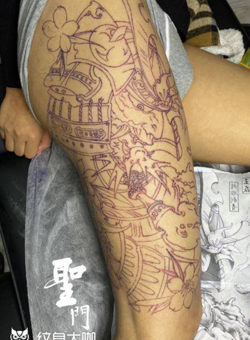 鬼武士纹身图片_腿部纹身图案