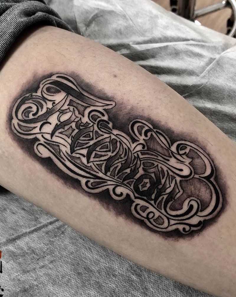 奇卡诺花体纹身图片_腿部花体字纹身图案