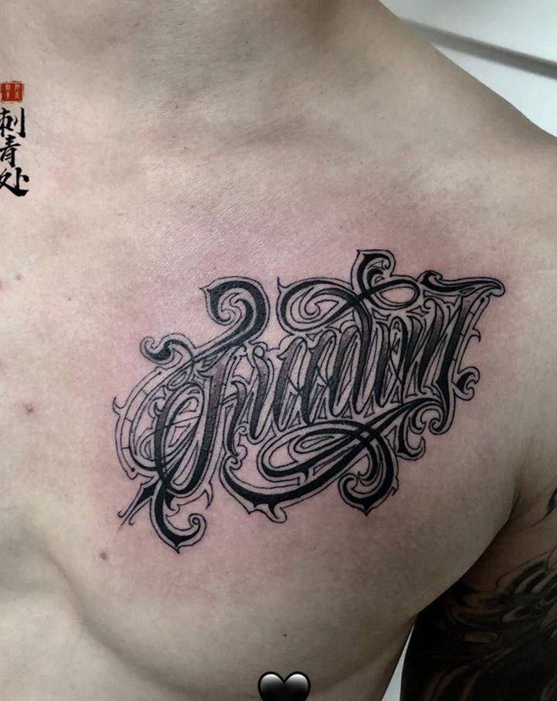 花体字/freedom纹身图片_胸部花体字纹身图案